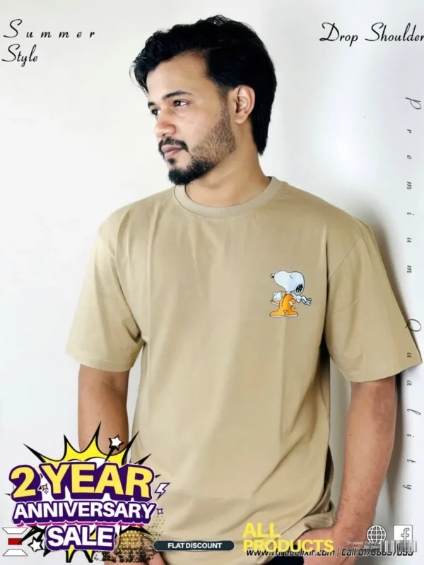 Chill Vibes-Beige drop shoulder T-shirt